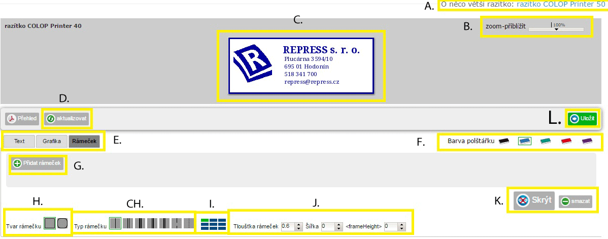 návrh ramecku razítka online || obchodRAZITEK.cz